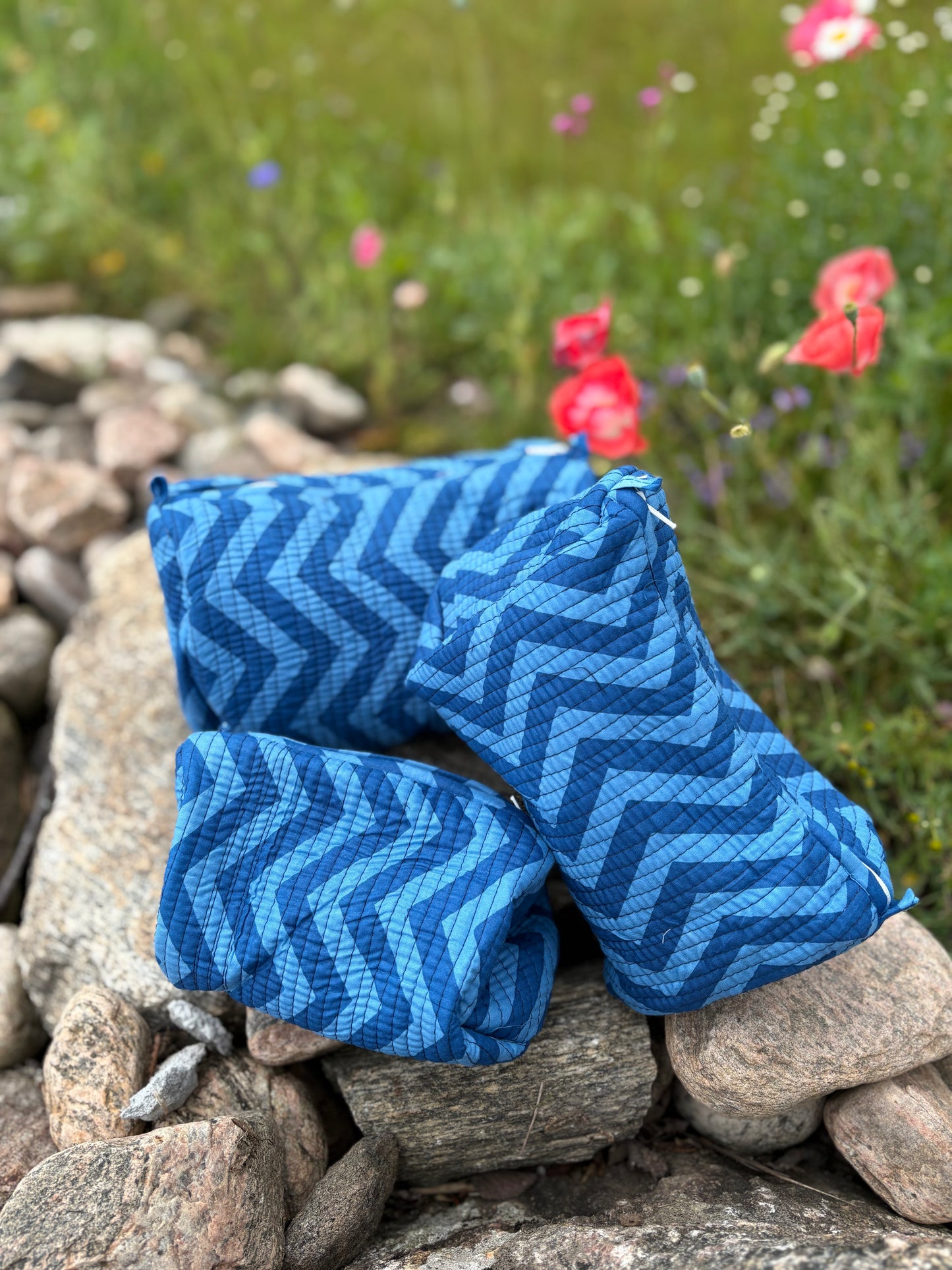 Block-Printed Toiletry Bags (Set of 3) Blue Chevron