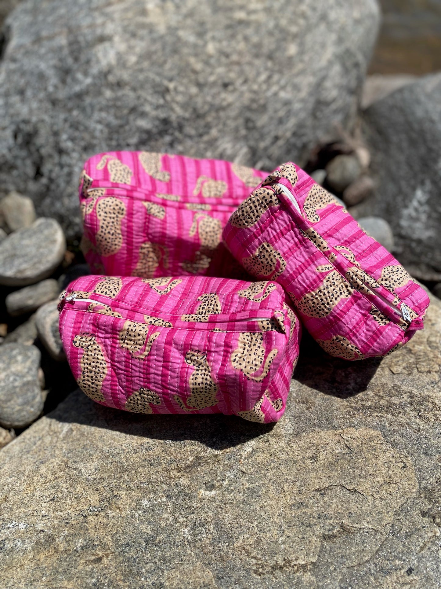Block-Printed Toiletry Bags (Set of 3) Pink Cheetah