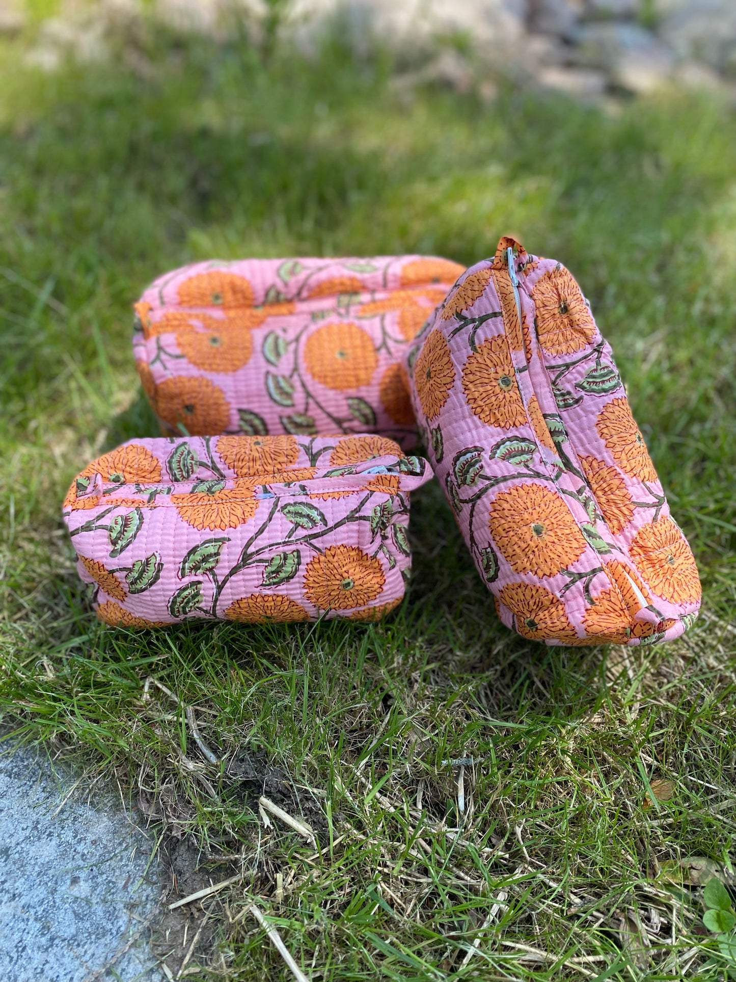 Block-Printed Toiletry Bags (Set of 3) Peach Sherbert