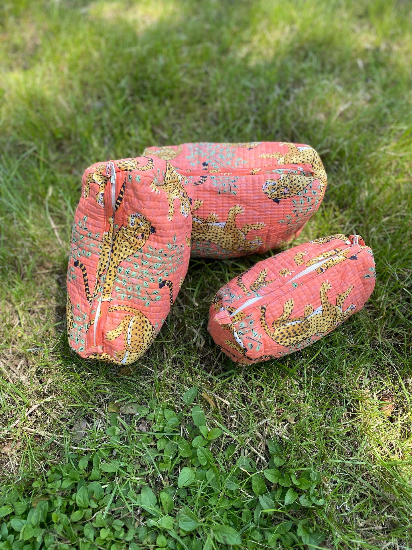 Block-Printed Toiletry Bags (Set of 3) Pink Jungle Cat