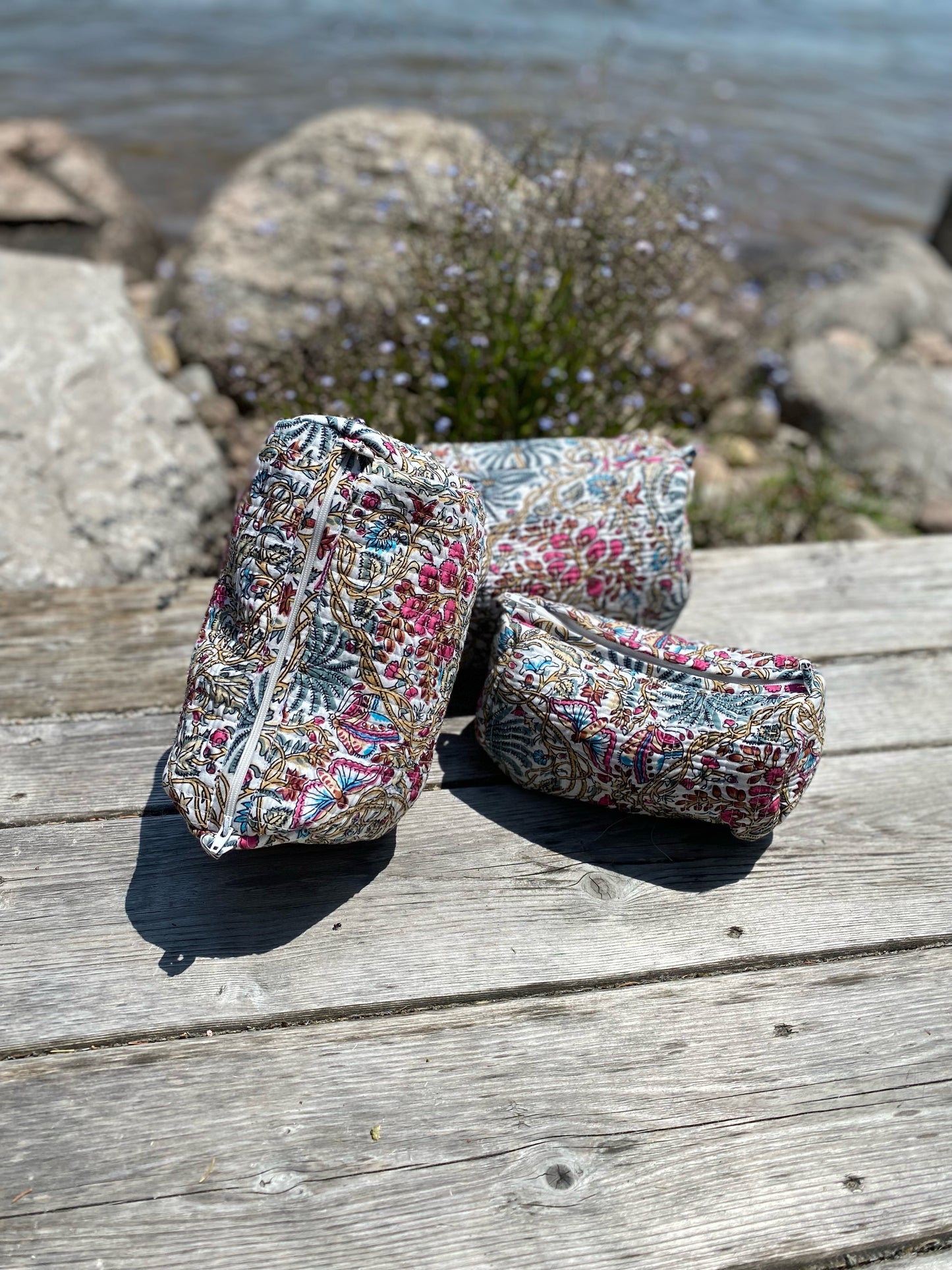 Block-Printed Toiletry Bags (Set of 3) White Butterfly