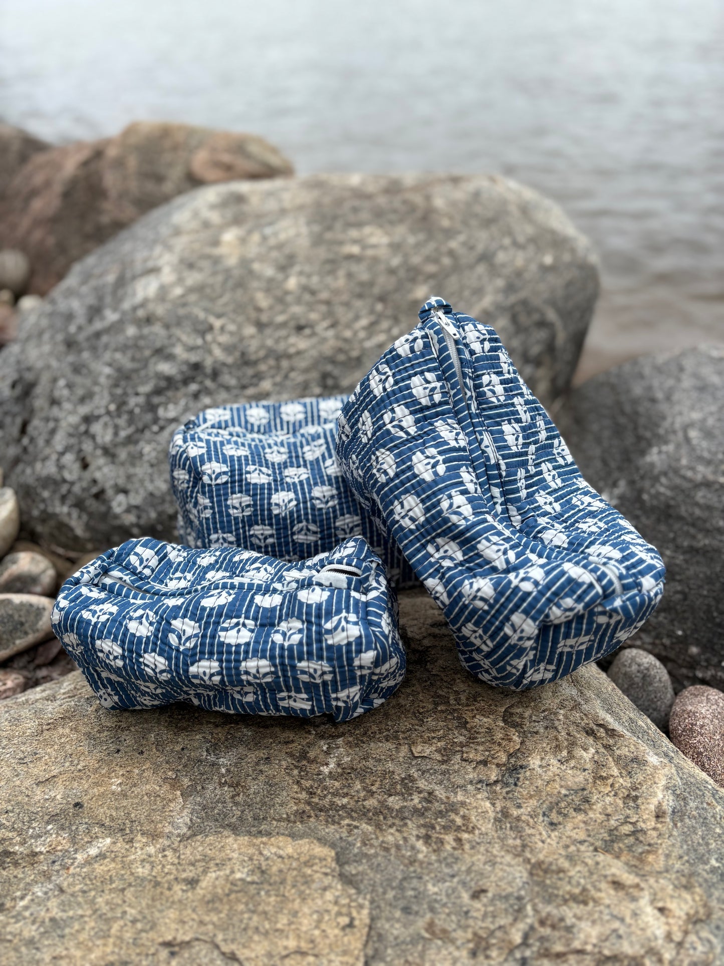Block-Printed Toiletry Bags (Set of 3) Blueprint