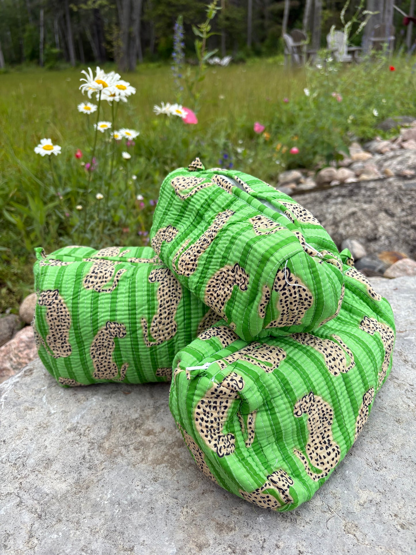 Block-Printed Toiletry Bags (Set of 3) Green Tiger