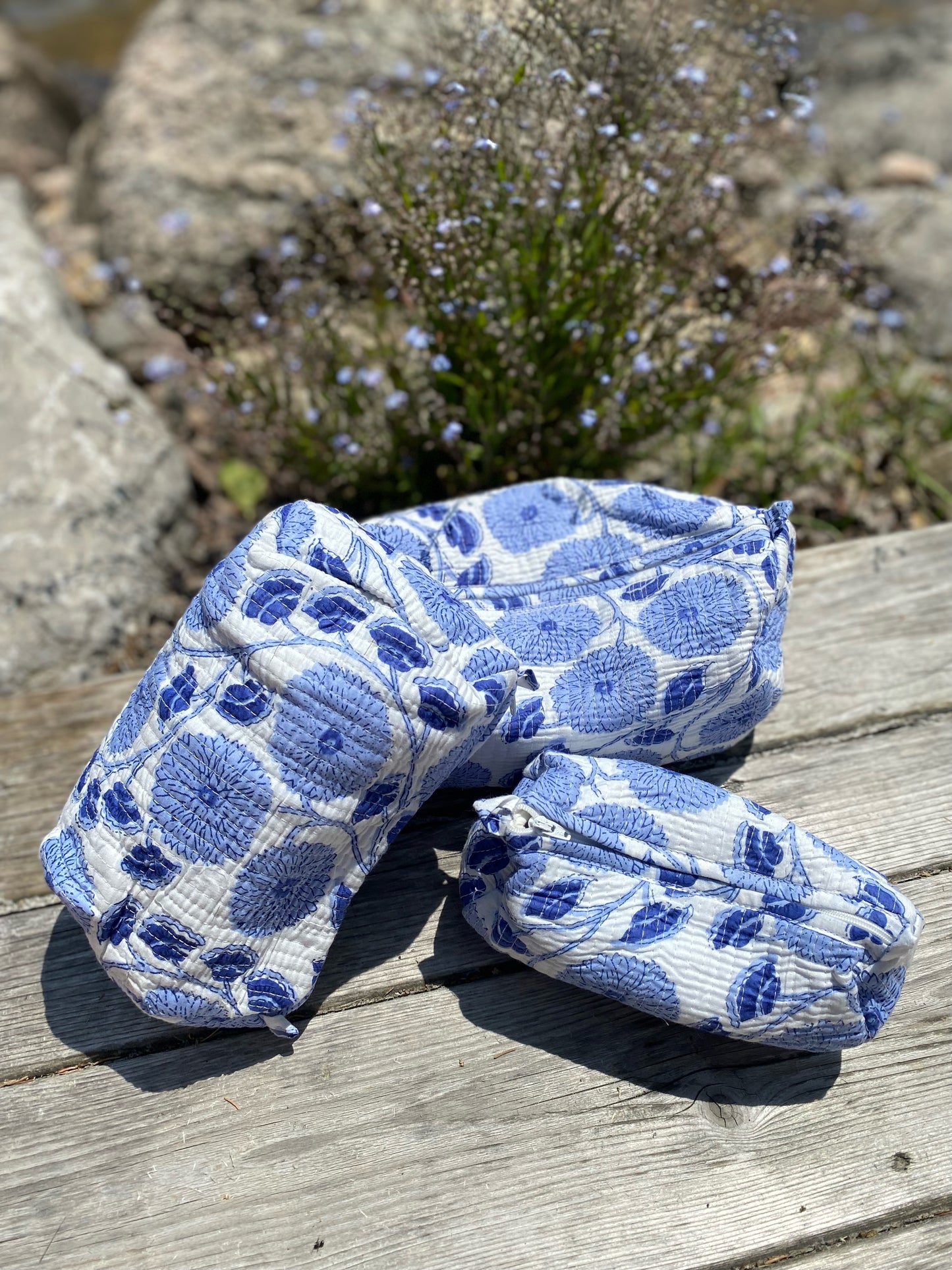 Block-Printed Toiletry Bags (Set of 3) Bluebell