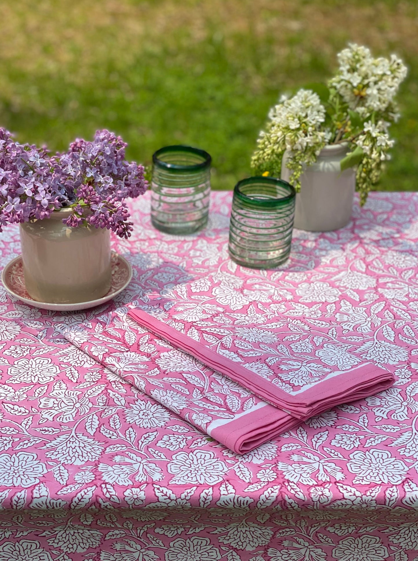 Floral Pink Block Print Tablecloth with 8 Matching Napkins - Imli.lifestyle