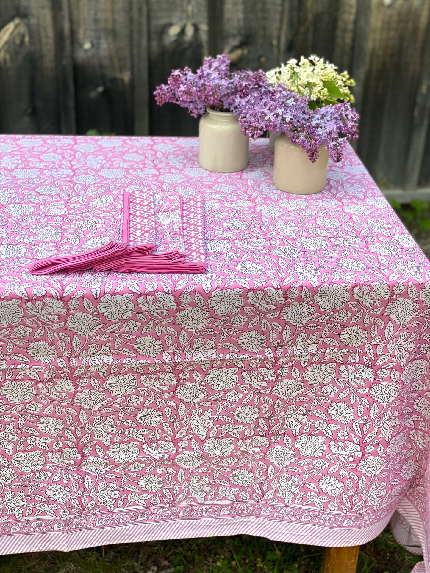 Floral Pink Block Print Tablecloth with 8 Matching Napkins - Imli.lifestyle