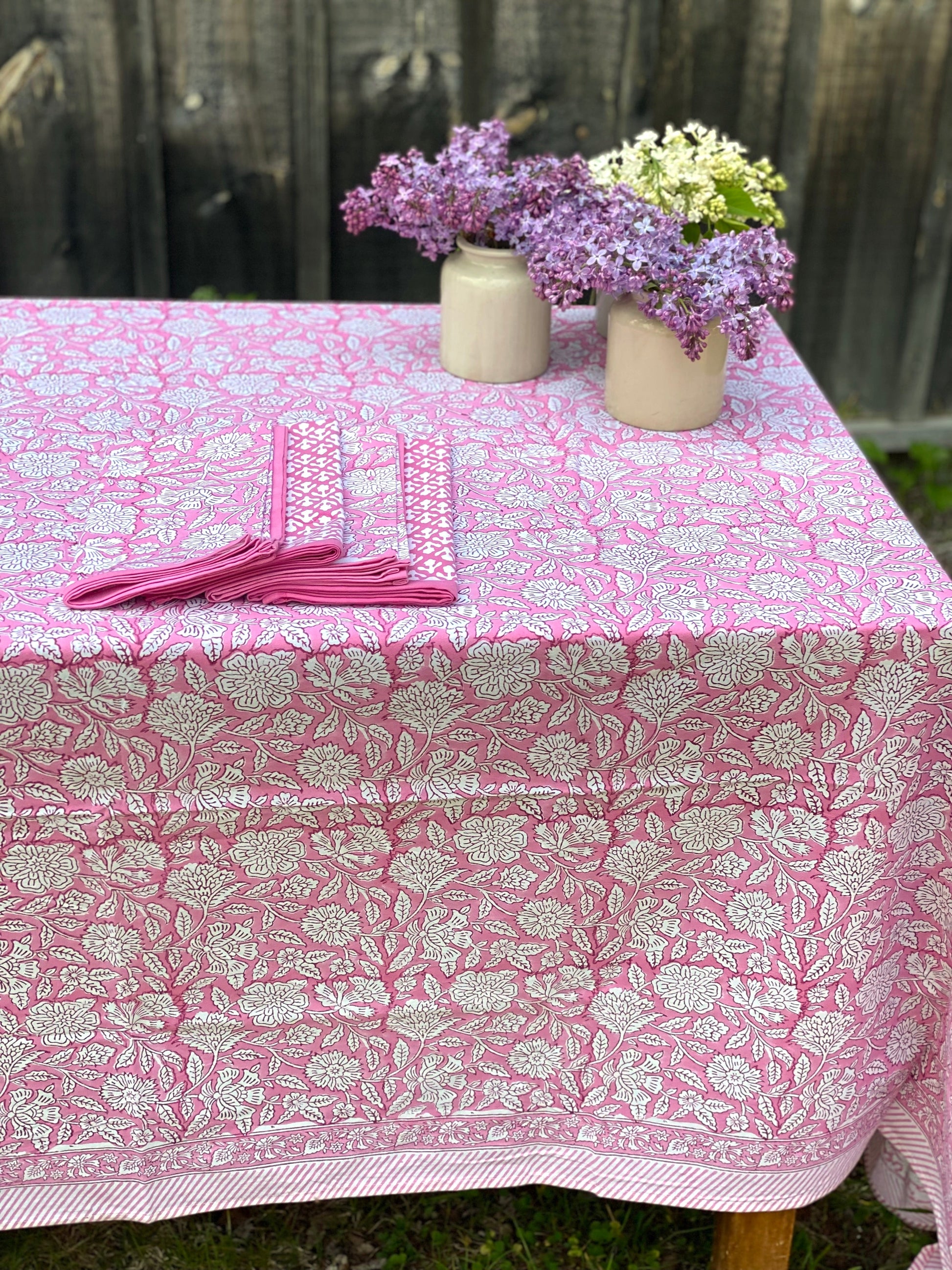 Floral Pink Block Print Tablecloth with 8 Matching Napkins - Imli.lifestyle
