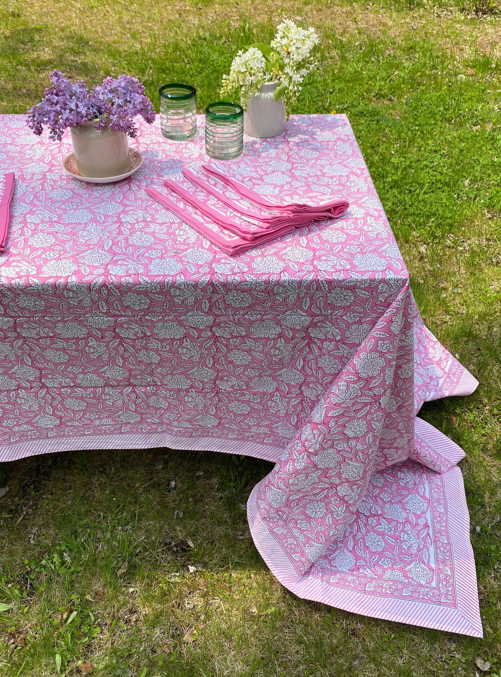 Floral Pink Block Print Tablecloth with 8 Matching Napkins - Imli.lifestyle