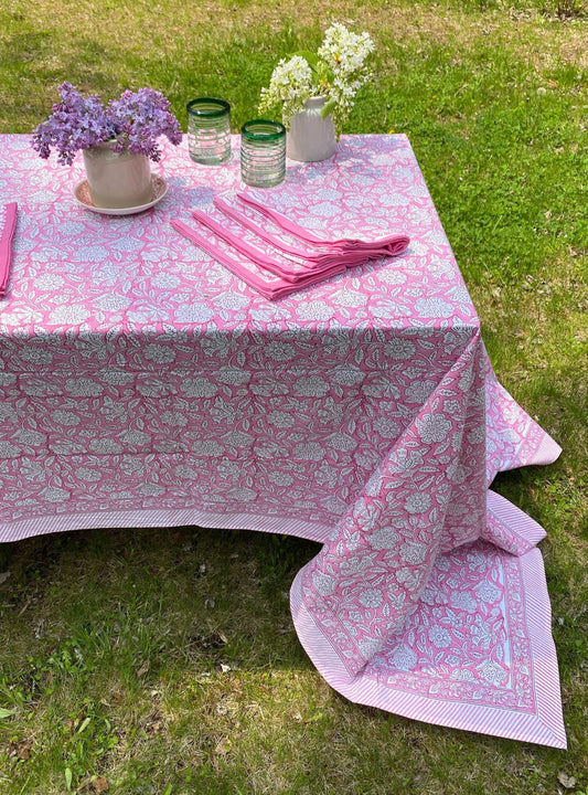 Floral Pink Block Print Tablecloth with 8 Matching Napkins - Imli.lifestyle