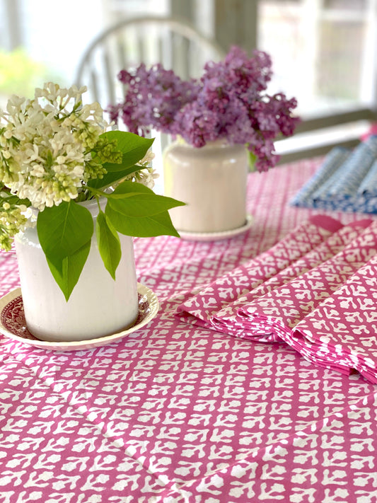 Pink Block Print Tablecloth with 8 Matching Napkins - Imli.lifestyle