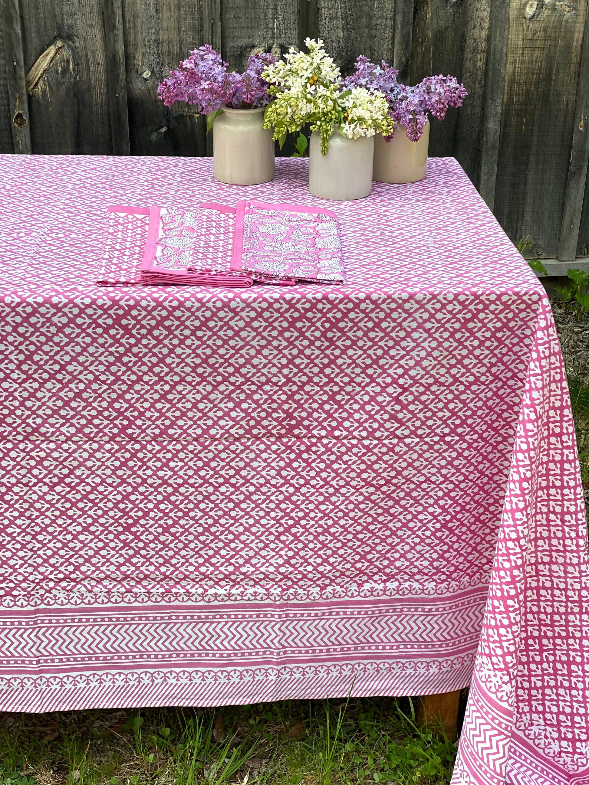 Pink Block Print Tablecloth with 8 Matching Napkins - Imli.lifestyle